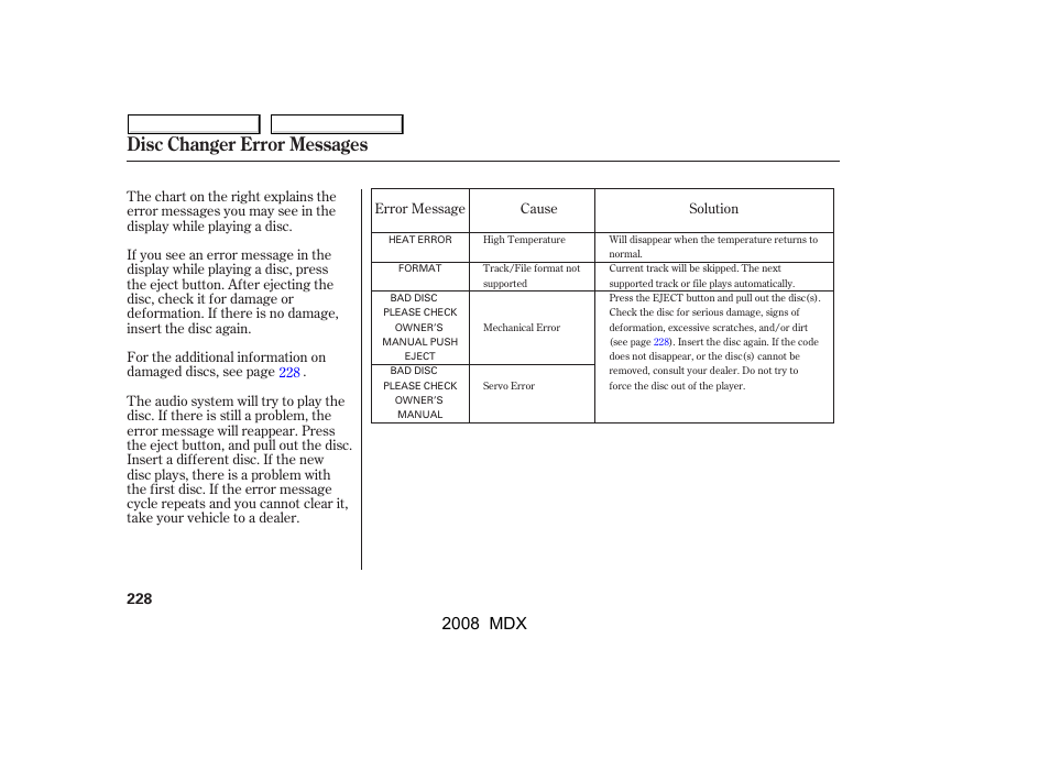 Disc changer error messages, 2008 mdx | Acura 2008 MDX User Manual | Page 232 / 489