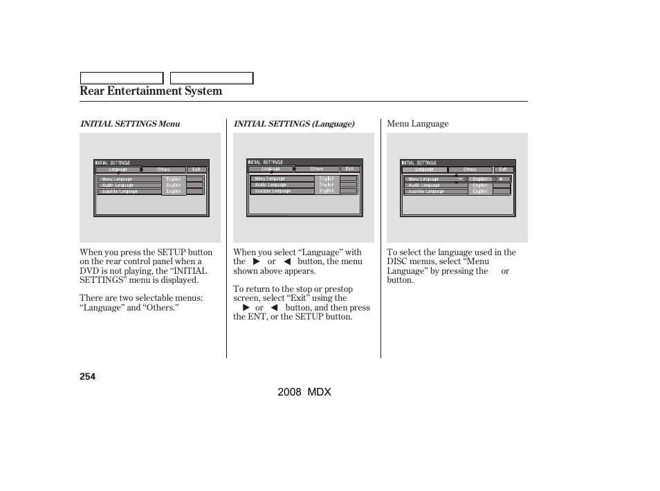 Rear entertainment system | Acura 2008 MDX User Manual | Page 258 / 489