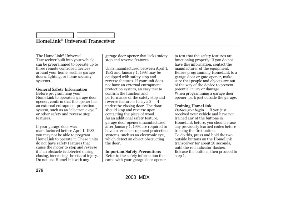 Homelink universal transceiver | Acura 2008 MDX User Manual | Page 280 / 489