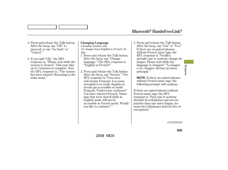 Bluetooth handsfreelink | Acura 2008 MDX User Manual | Page 309 / 489