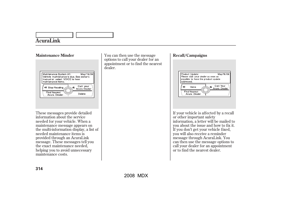 Acuralink | Acura 2008 MDX User Manual | Page 318 / 489