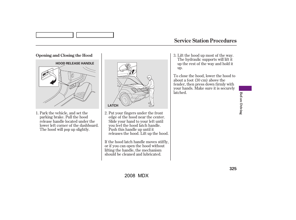 Service station procedures | Acura 2008 MDX User Manual | Page 329 / 489
