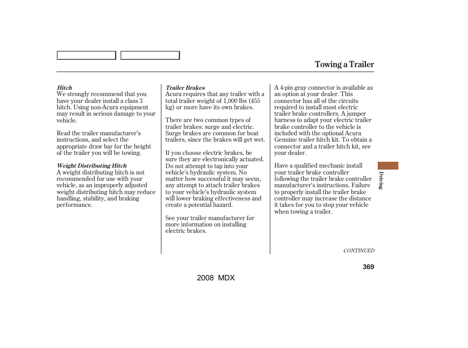 Towing a trailer | Acura 2008 MDX User Manual | Page 373 / 489