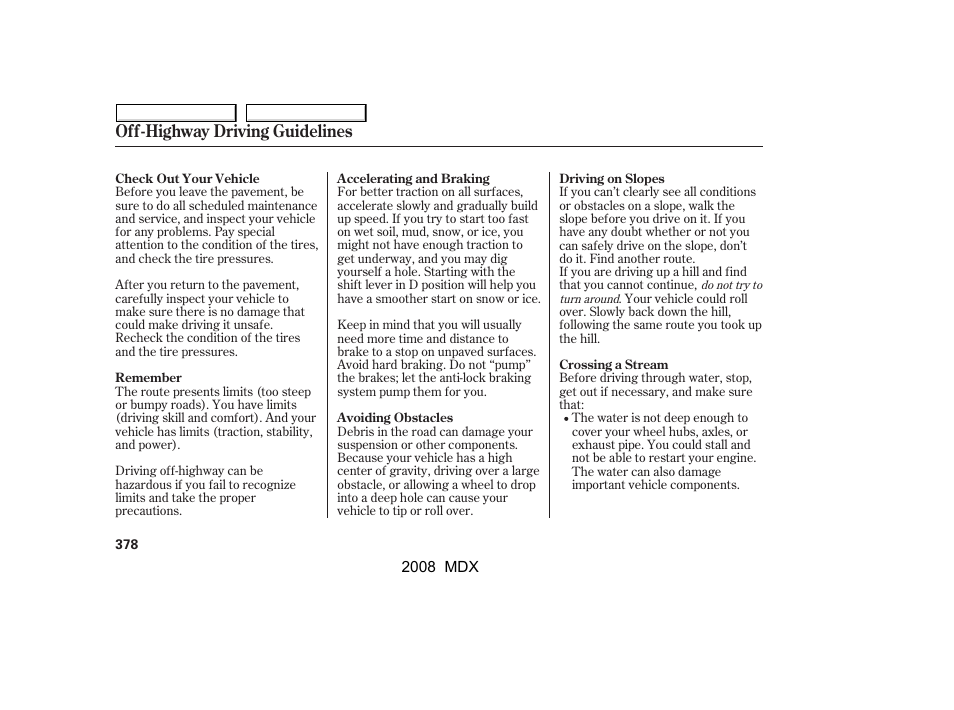 Off-highway driving guidelines | Acura 2008 MDX User Manual | Page 382 / 489