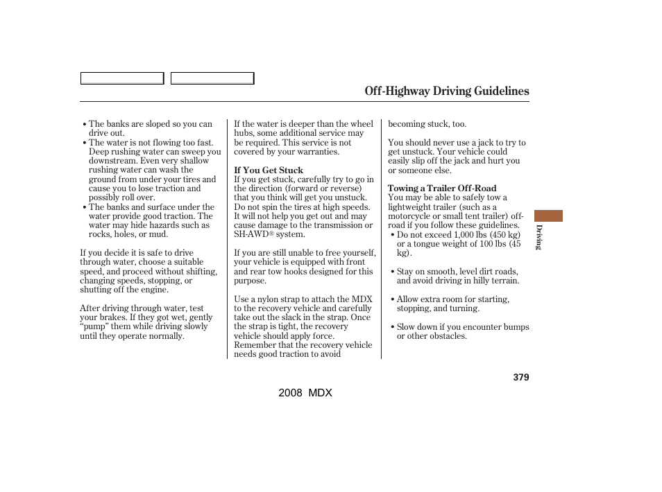 Off-highway driving guidelines | Acura 2008 MDX User Manual | Page 383 / 489