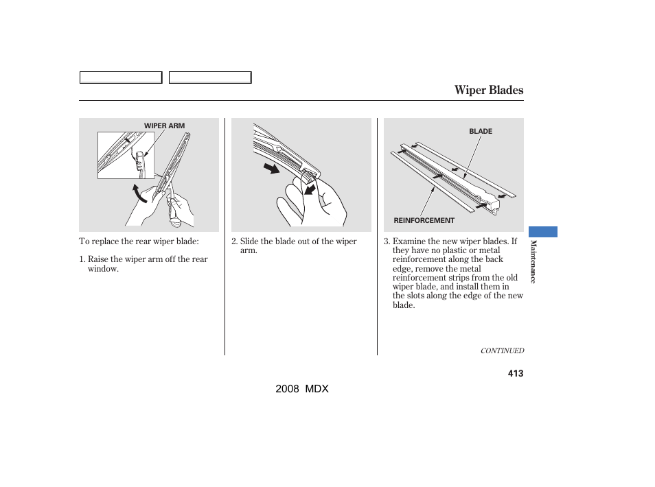 Wiper blades | Acura 2008 MDX User Manual | Page 417 / 489