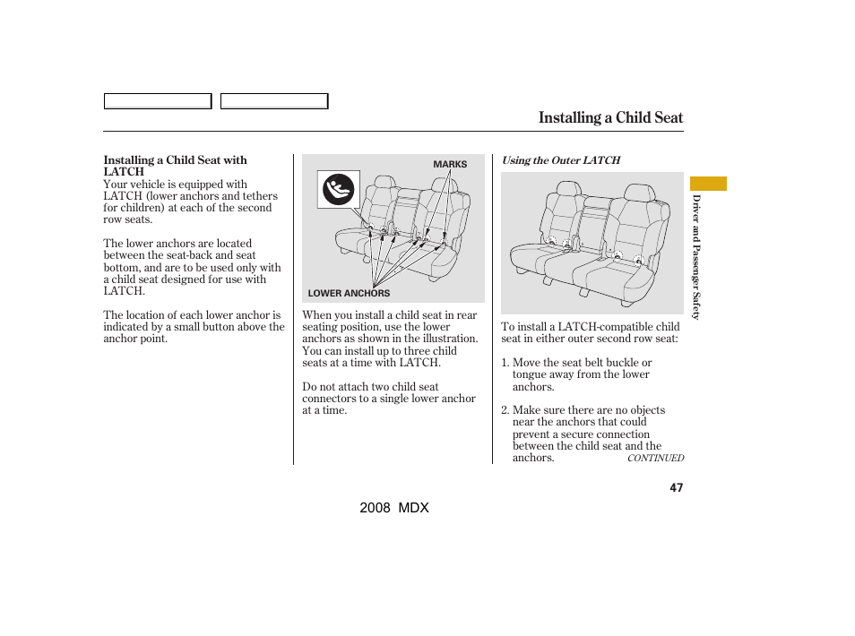 Installing a child seat | Acura 2008 MDX User Manual | Page 51 / 489
