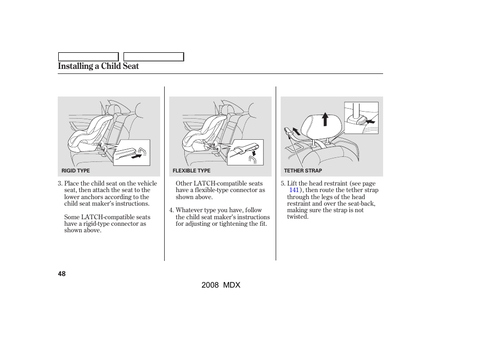 Installing a child seat | Acura 2008 MDX User Manual | Page 52 / 489