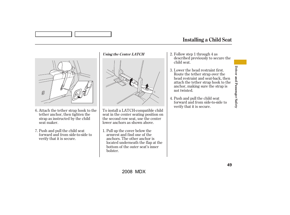 Installing a child seat | Acura 2008 MDX User Manual | Page 53 / 489