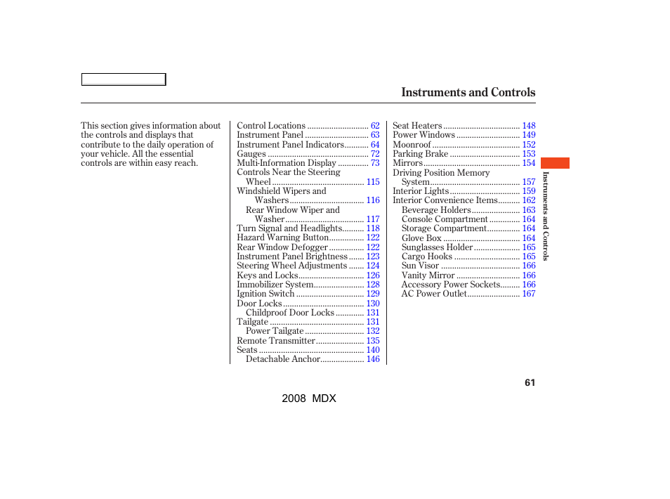 Instruments and controls | Acura 2008 MDX User Manual | Page 65 / 489