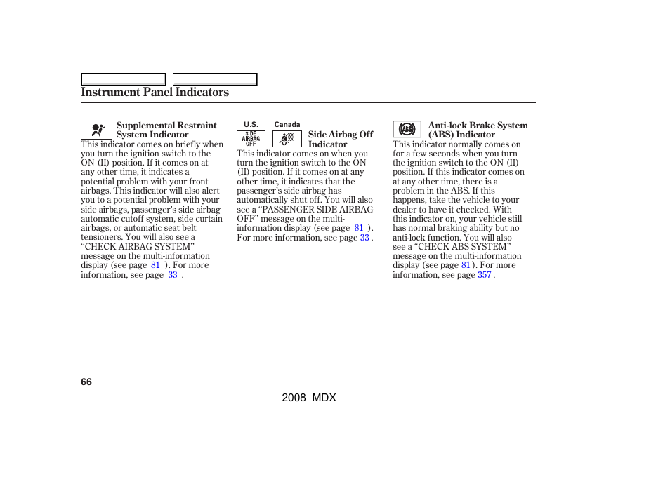 Instrument panel indicators | Acura 2008 MDX User Manual | Page 70 / 489