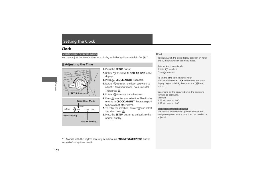 Setting the clock, Clock | Acura 2012 ZDX User Manual | Page 104 / 370