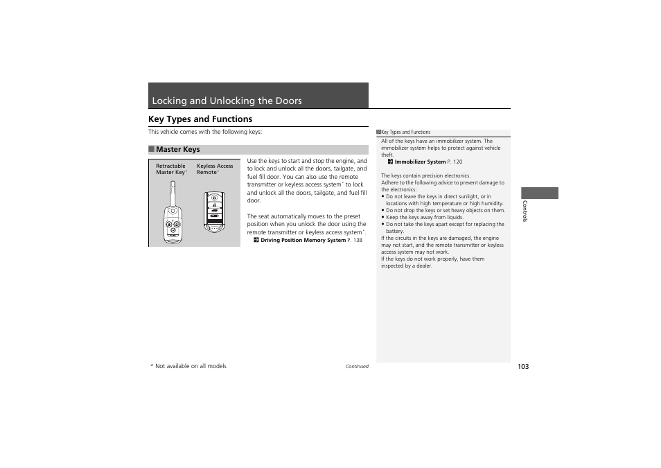 Locking and unlocking the doors, Key types and functions | Acura 2012 ZDX User Manual | Page 105 / 370