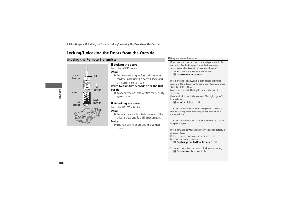 Locking/unlocking the doors from the outside | Acura 2012 ZDX User Manual | Page 108 / 370