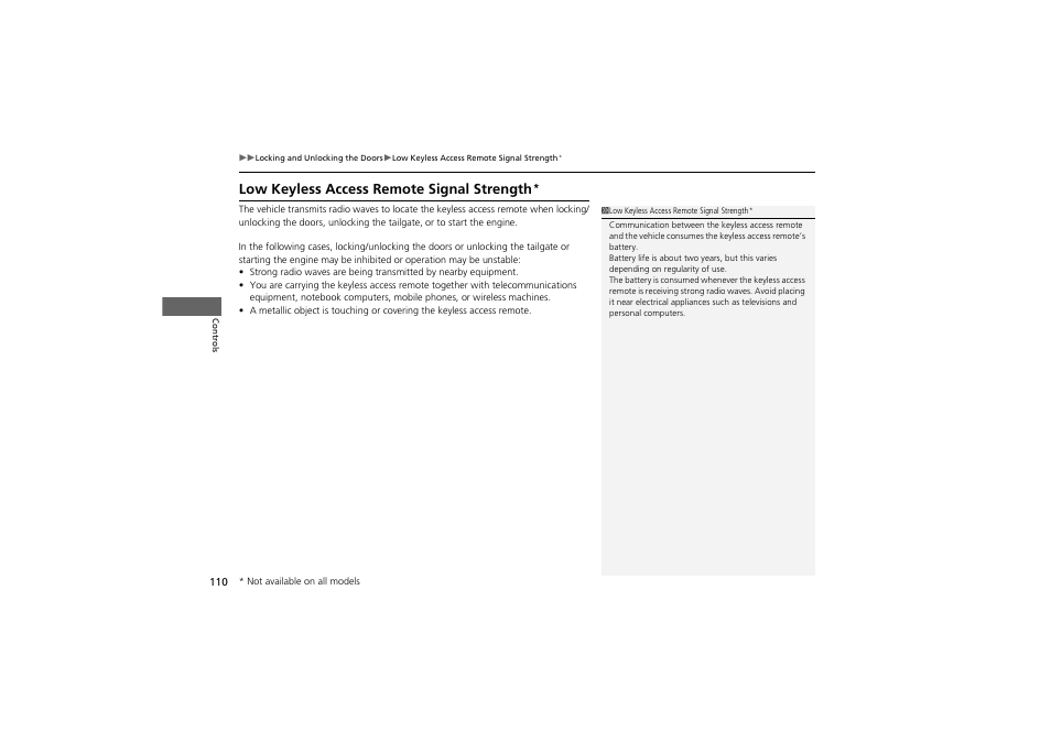 Low keyless access remote signal strength | Acura 2012 ZDX User Manual | Page 112 / 370