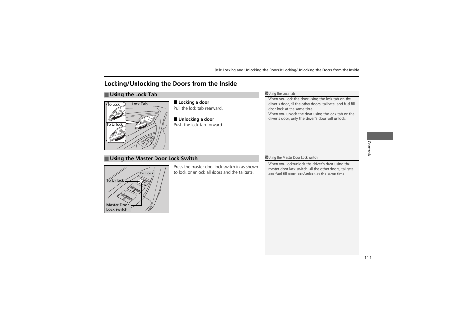 Locking/unlocking the doors from the inside | Acura 2012 ZDX User Manual | Page 113 / 370