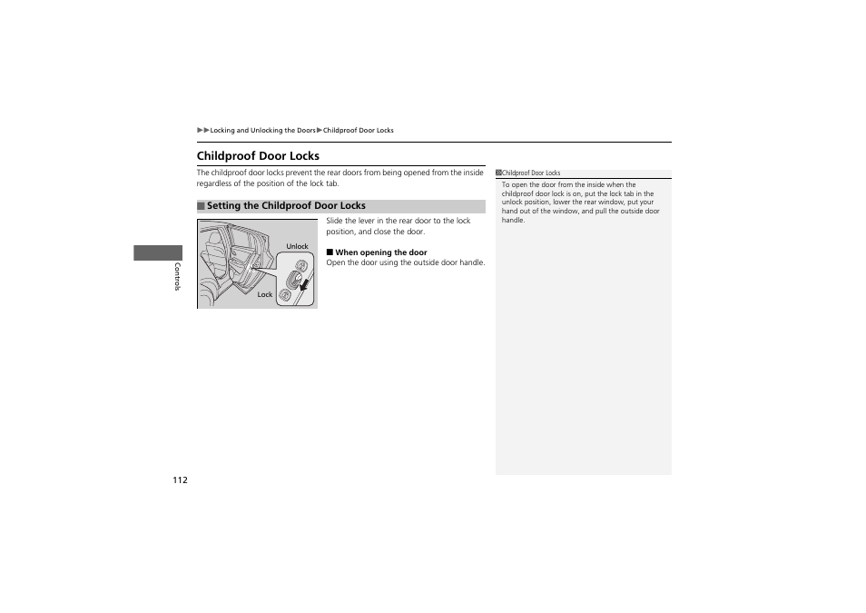 Childproof door locks | Acura 2012 ZDX User Manual | Page 114 / 370