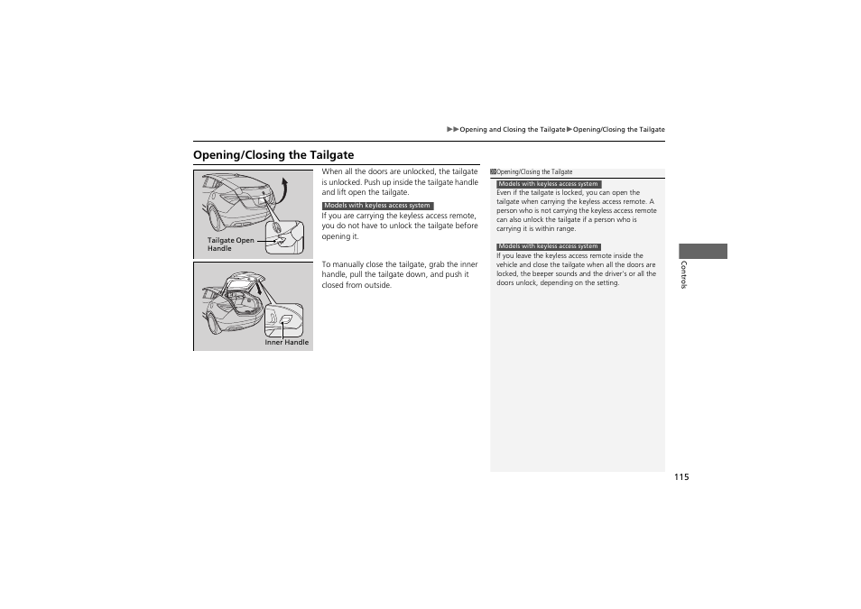 Opening/closing the tailgate | Acura 2012 ZDX User Manual | Page 117 / 370