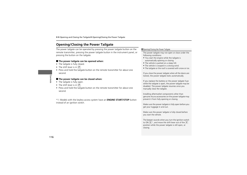 Opening/closing the power tailgate | Acura 2012 ZDX User Manual | Page 118 / 370