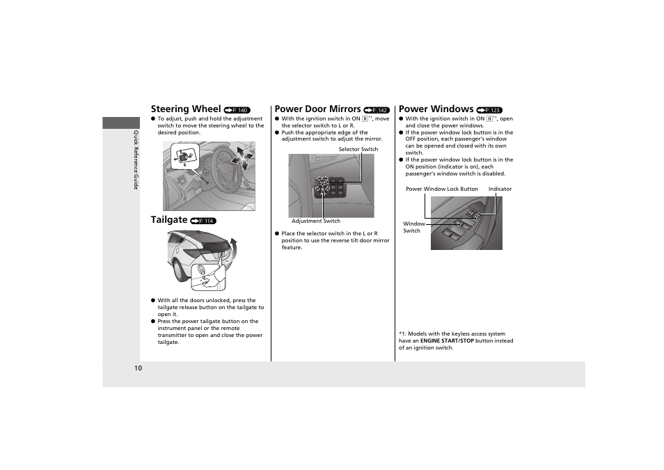 Steering wheel, Tailgate, Power door mirrors | Power windows | Acura 2012 ZDX User Manual | Page 12 / 370