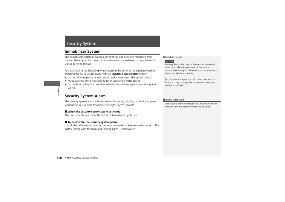 Security system, Immobilizer system, Security system alarm | Acura 2012 ZDX User Manual | Page 122 / 370