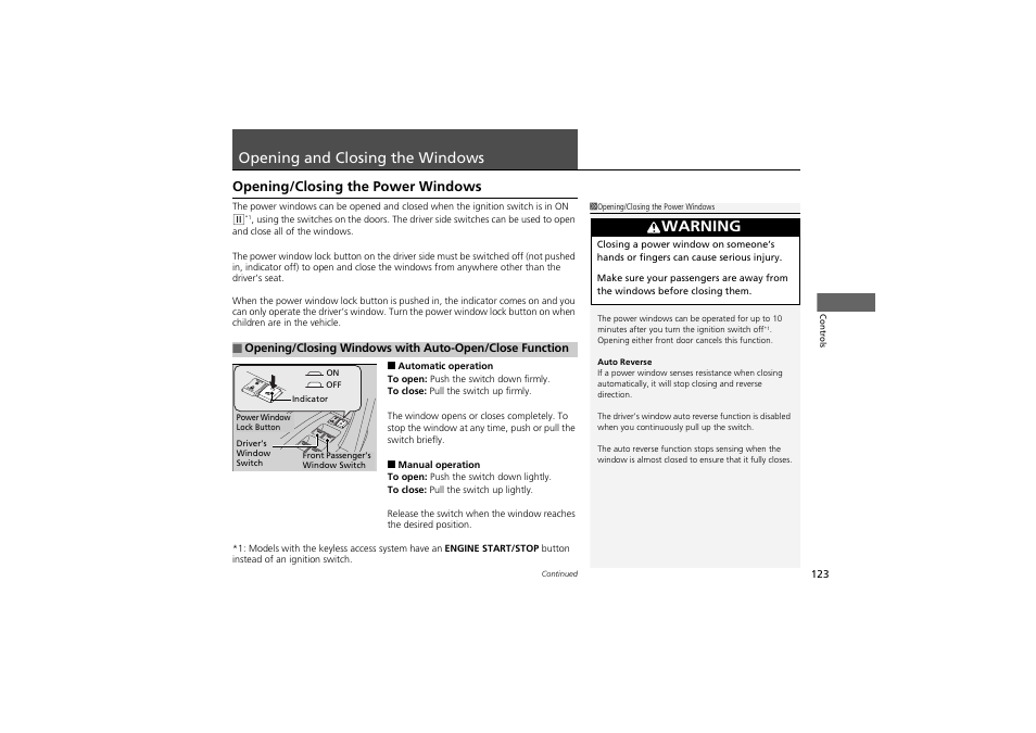 Opening and closing the windows, Warning, Opening/closing the power windows | Acura 2012 ZDX User Manual | Page 125 / 370