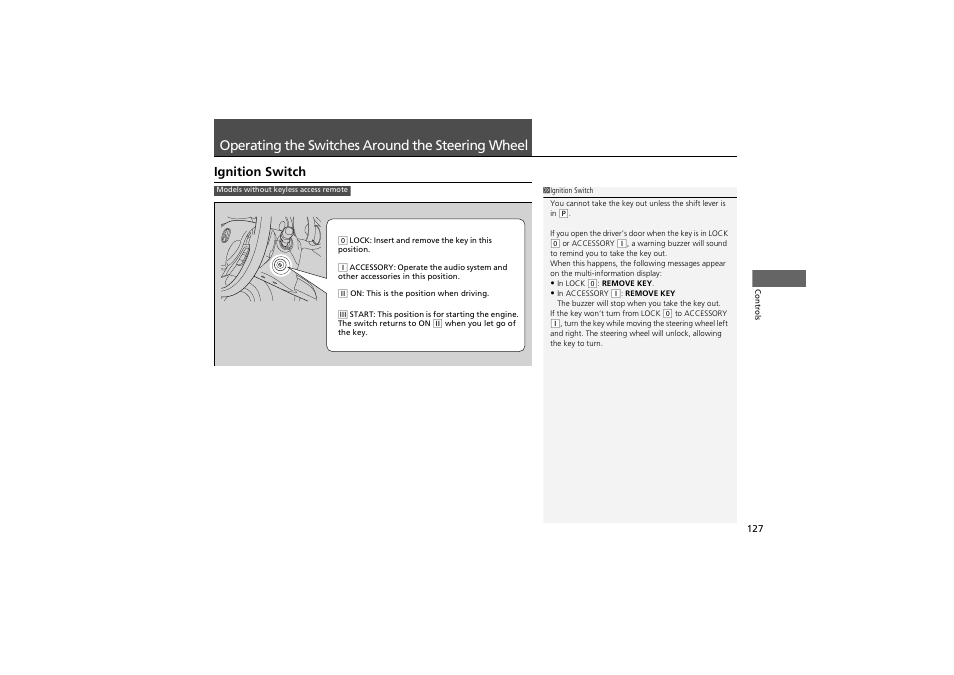 Operating the switches around the steering wheel, Ignition switch | Acura 2012 ZDX User Manual | Page 129 / 370