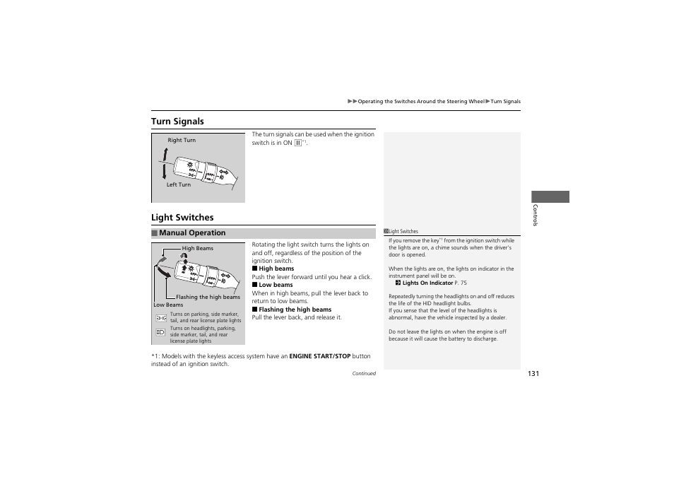 Turn signals, Light switches | Acura 2012 ZDX User Manual | Page 133 / 370