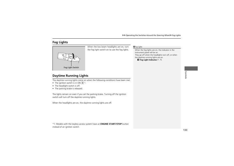 Fog lights, Daytime running lights | Acura 2012 ZDX User Manual | Page 135 / 370