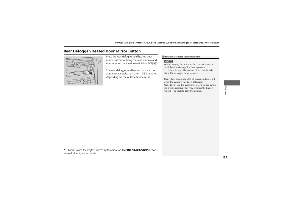 Rear defogger/heated door mirror button | Acura 2012 ZDX User Manual | Page 139 / 370
