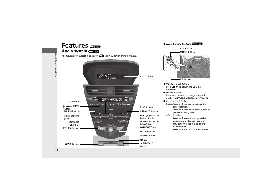 Features, Audio system | Acura 2012 ZDX User Manual | Page 14 / 370