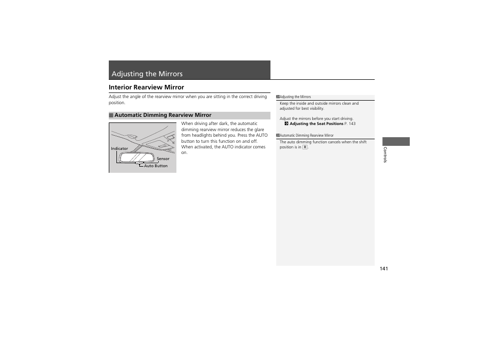 Adjusting the mirrors, Interior rearview mirror | Acura 2012 ZDX User Manual | Page 143 / 370