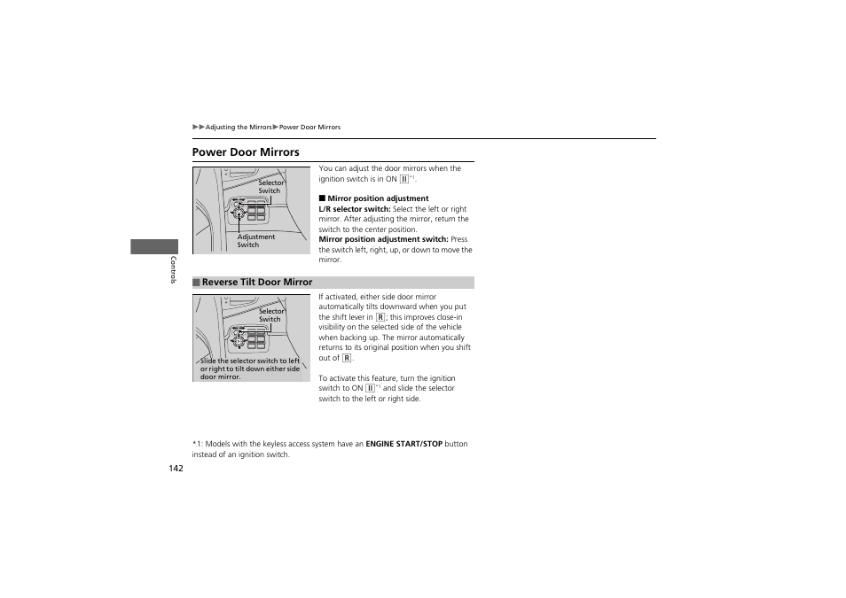 Power door mirrors | Acura 2012 ZDX User Manual | Page 144 / 370