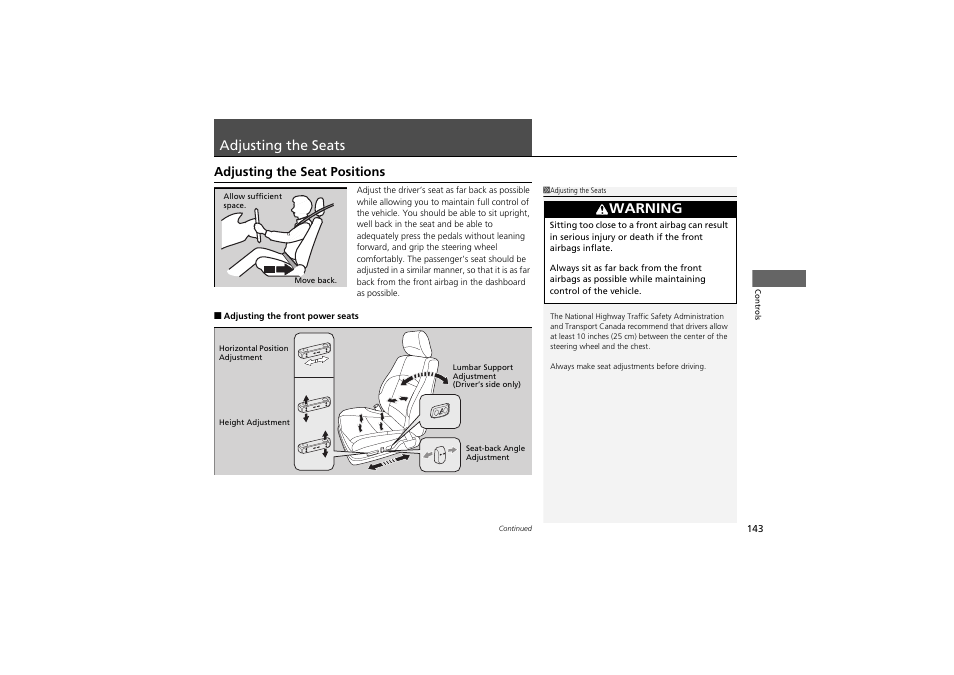 Adjusting the seats, Warning, Adjusting the seat positions | Acura 2012 ZDX User Manual | Page 145 / 370