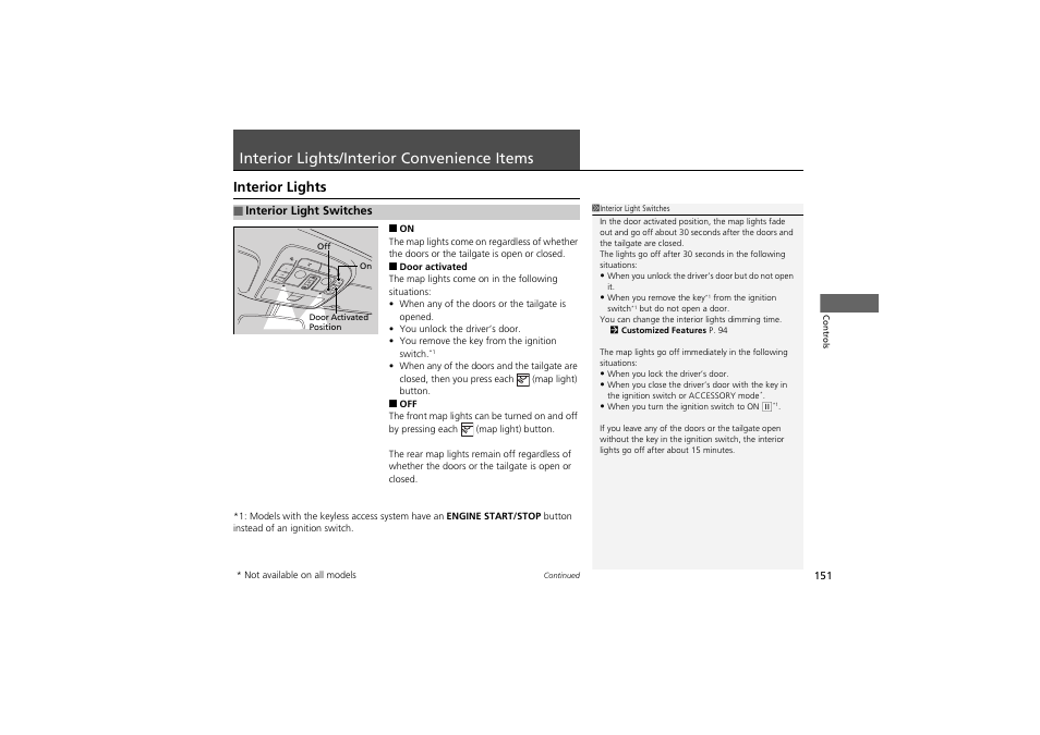 Interior lights/interior convenience items, Interior lights | Acura 2012 ZDX User Manual | Page 153 / 370