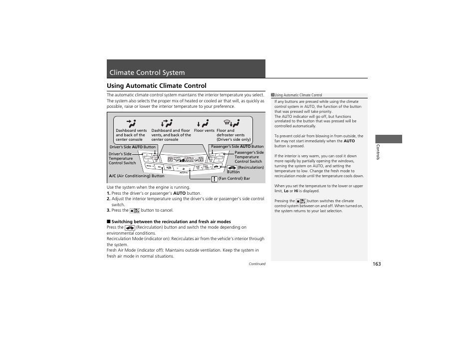 Climate control system, Using automatic climate control | Acura 2012 ZDX User Manual | Page 165 / 370