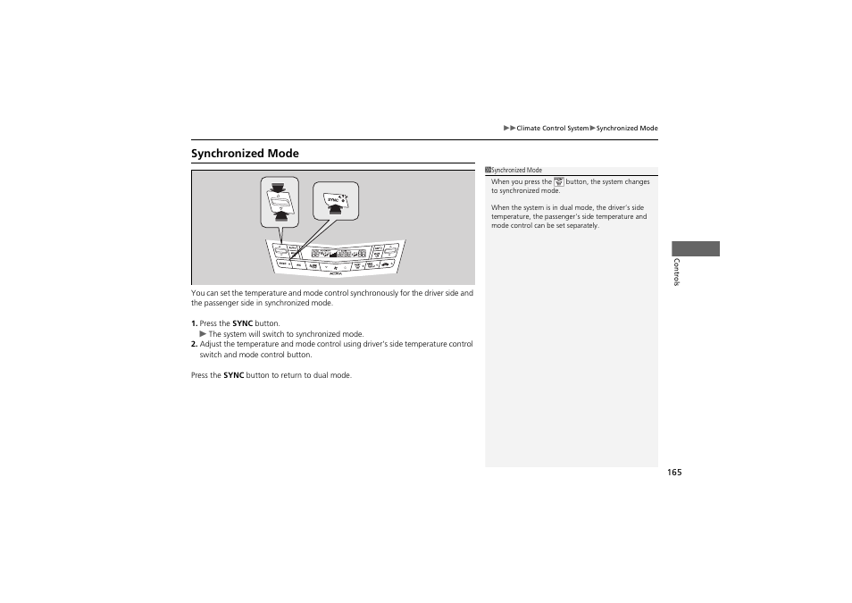 Synchronized mode | Acura 2012 ZDX User Manual | Page 167 / 370