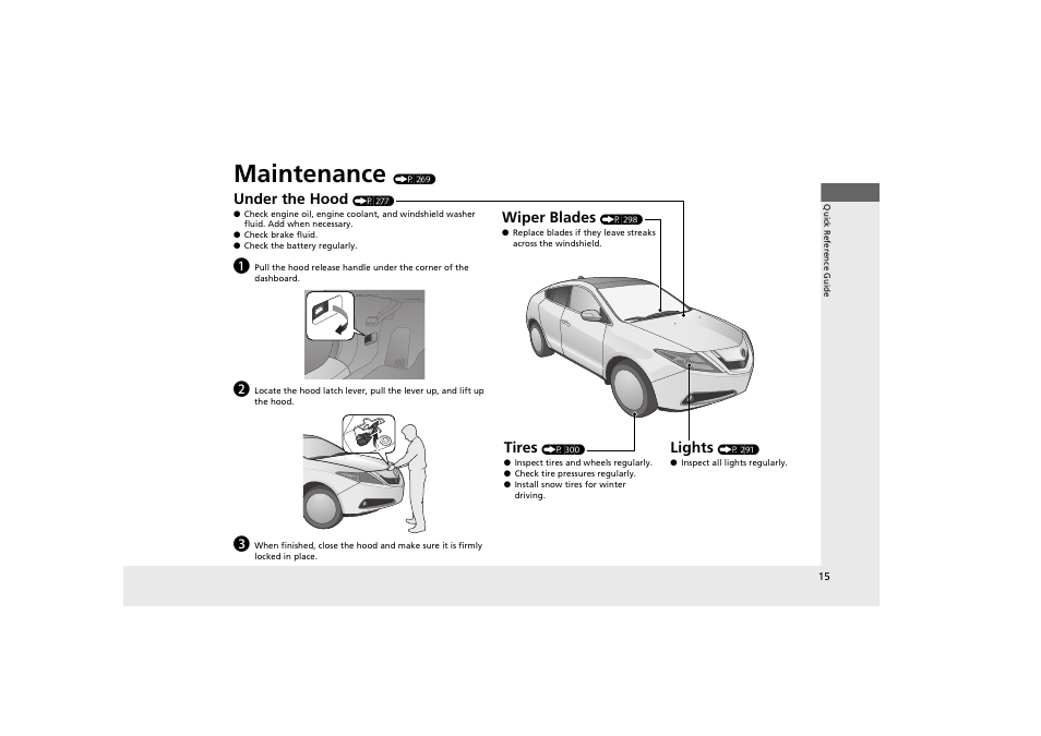 Maintenance, Under the hood, Lights | Wiper blades, Tires | Acura 2012 ZDX User Manual | Page 17 / 370