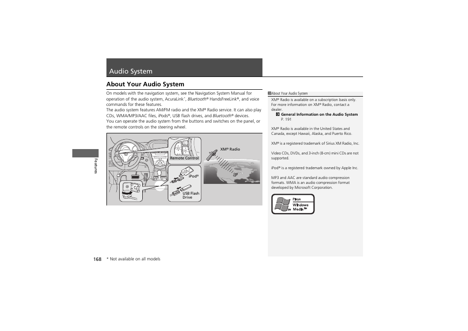 Audio system, About your audio system | Acura 2012 ZDX User Manual | Page 170 / 370