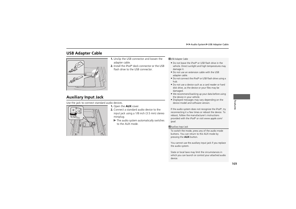 Usb adapter cable, Auxiliary input jack | Acura 2012 ZDX User Manual | Page 171 / 370