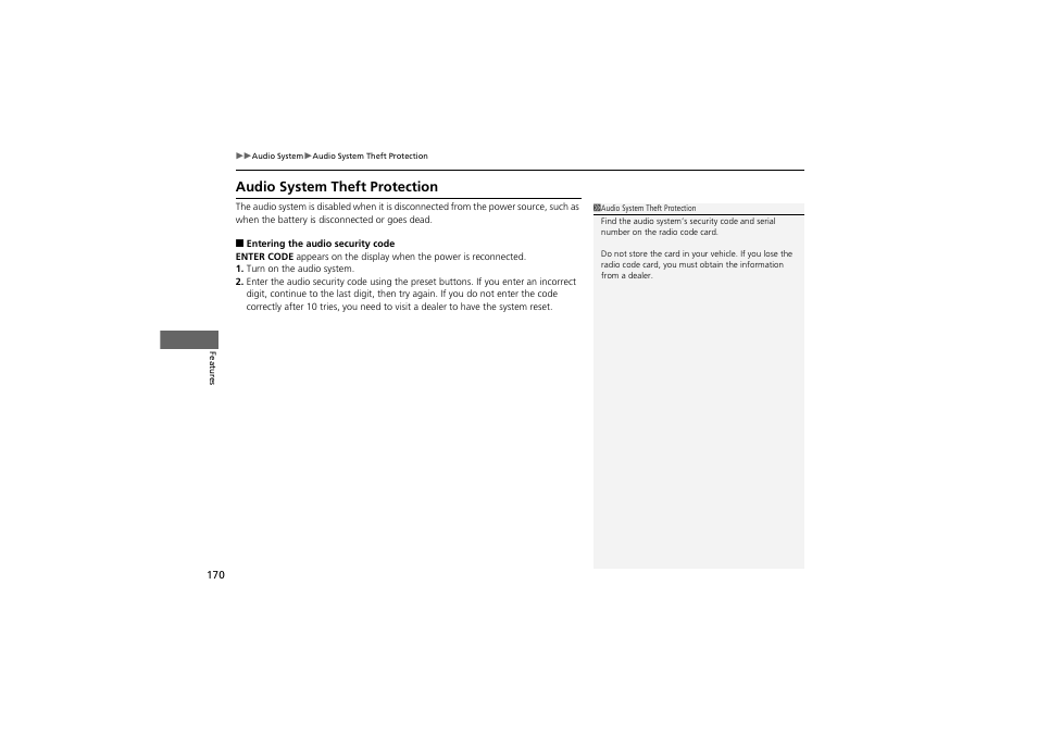 Audio system theft protection | Acura 2012 ZDX User Manual | Page 172 / 370
