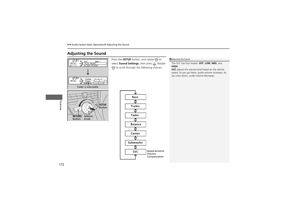 Adjusting the sound | Acura 2012 ZDX User Manual | Page 174 / 370