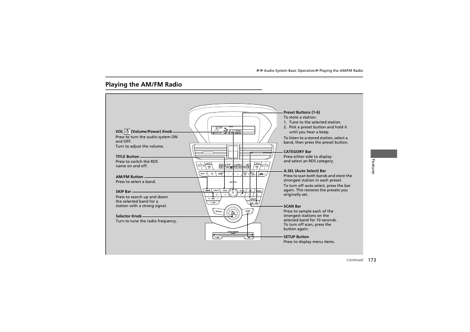 Playing the am/fm radio | Acura 2012 ZDX User Manual | Page 175 / 370