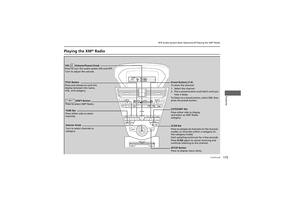 Playing the xm® radio | Acura 2012 ZDX User Manual | Page 177 / 370