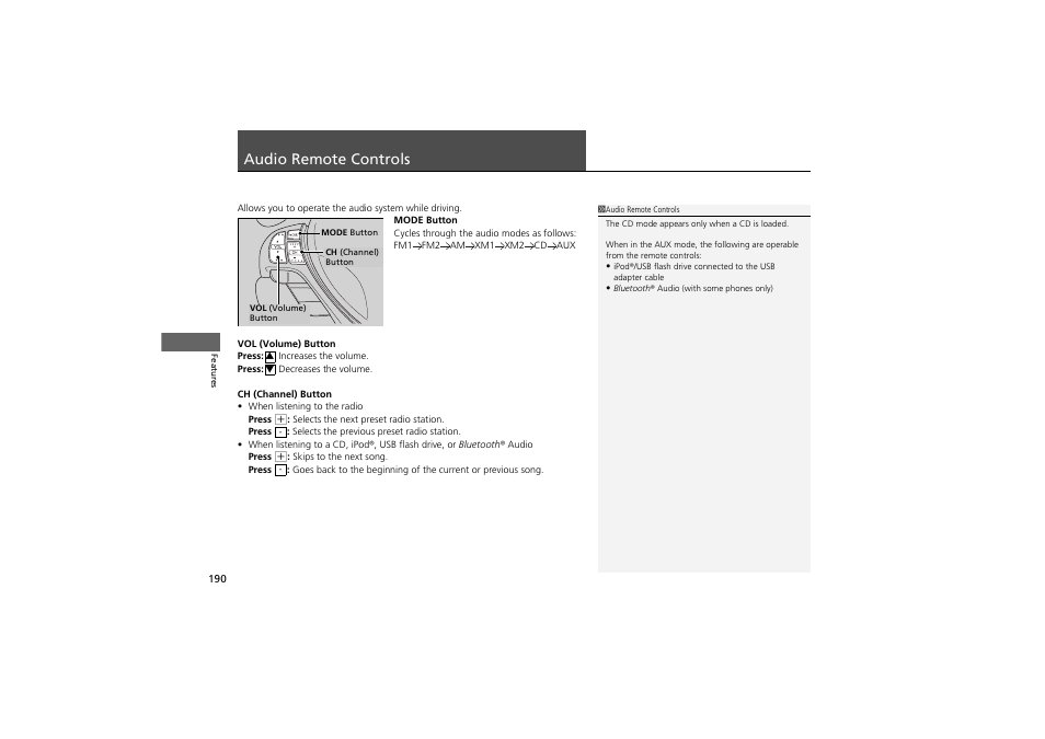 Audio remote controls | Acura 2012 ZDX User Manual | Page 192 / 370