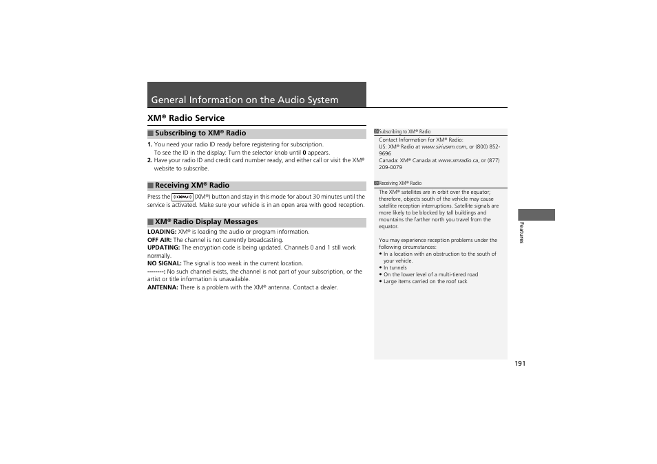 General information on the audio system, Xm® radio service | Acura 2012 ZDX User Manual | Page 193 / 370