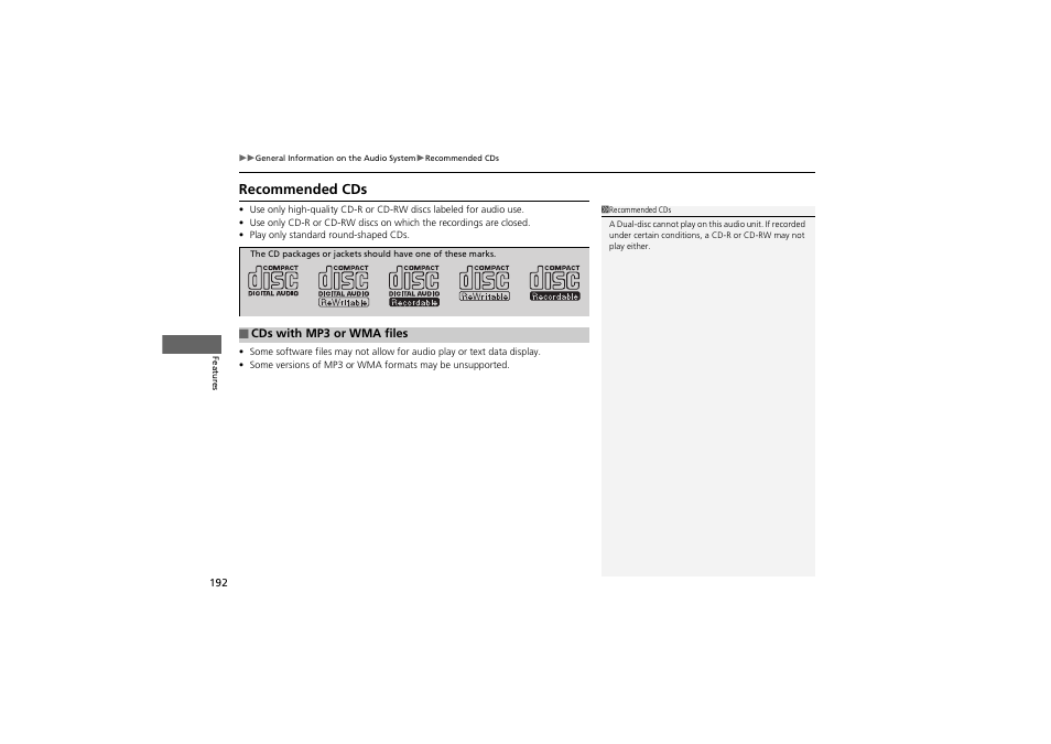 Recommended cds | Acura 2012 ZDX User Manual | Page 194 / 370