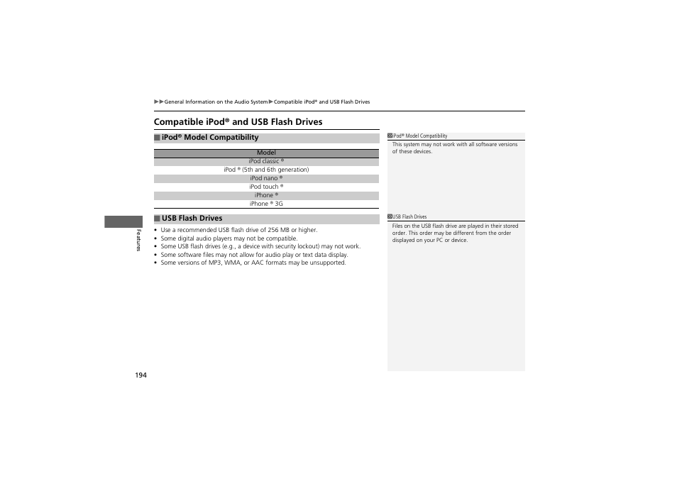 Compatible ipod® and usb flash drives | Acura 2012 ZDX User Manual | Page 196 / 370