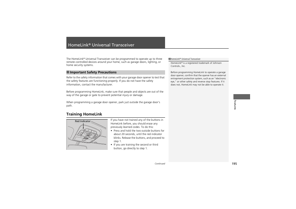 Homelink® universal transceiver, Training homelink | Acura 2012 ZDX User Manual | Page 197 / 370