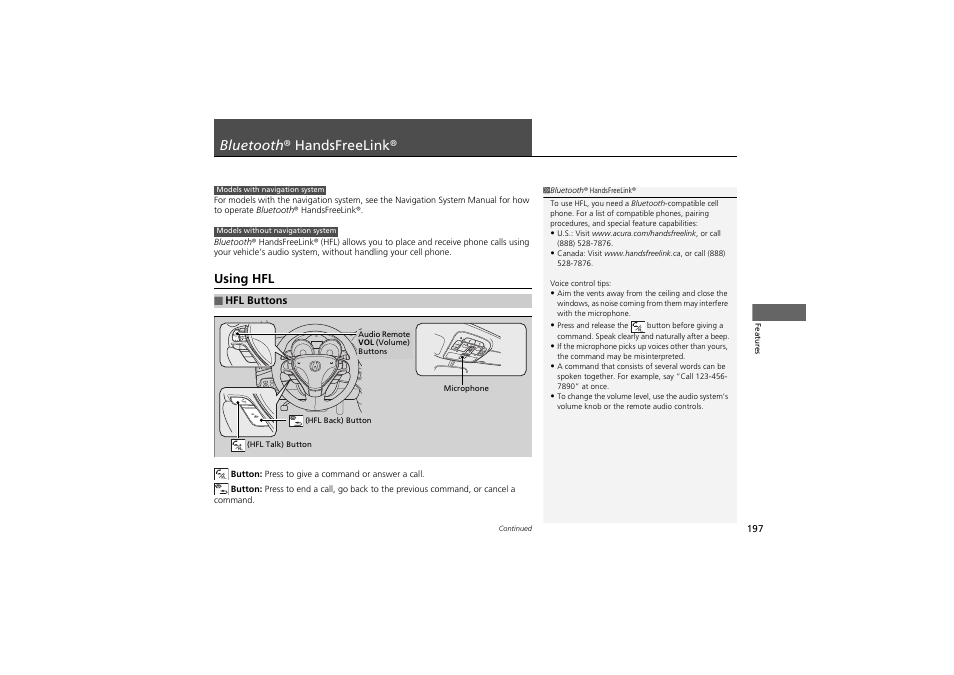 Bluetooth ® handsfreelink, Using hfl | Acura 2012 ZDX User Manual | Page 199 / 370
